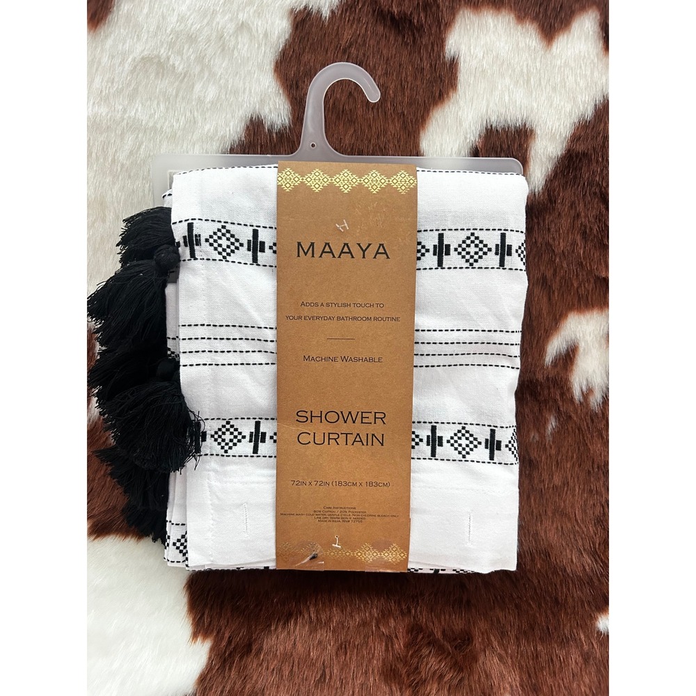 Maaya Boho Embroidered Tassel Shower‎ Curtain White Black Geometric